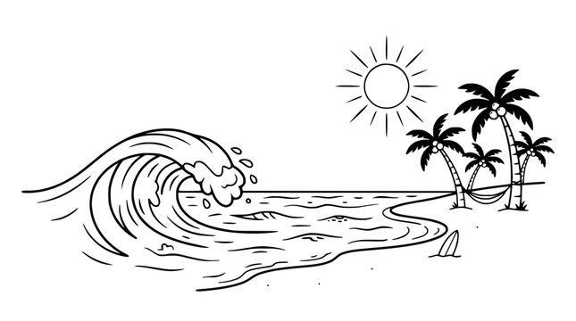 Tropical beach scene with breaking wave, palm trees, hammock, and sun