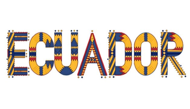 Ilustraci&oacute;n de Texto de Ecuador hecho de tela con textura y patrones t&iacute;picos