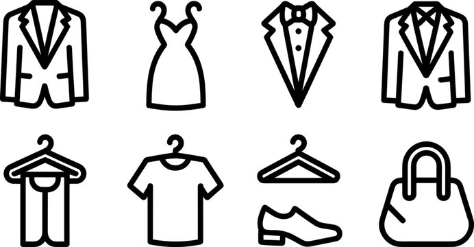 Set of clothing hangers with garments. Vector icons of shirts, dresses, and coats on hangers. Minimalist fashion apparel line art collection.