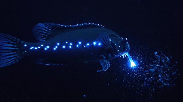 Single Dragonfish Swimming Through Deep Black Water with Glowing Blue Photophores