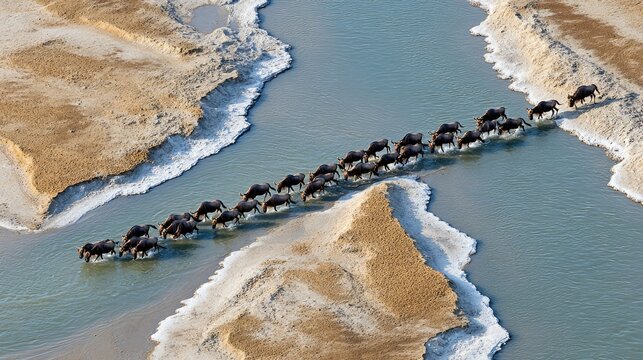 Wildebeest Migration Across River: A powerful herd of wildebeest forms a long line, crossing a shallow river on a dry, arid landscape. The scene captures the epic scale of the annual migration.