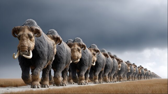 A Herd of Mammoths Marching: A powerful procession of woolly mammoths strides across a barren landscape under a stormy, dramatic sky, evoking a sense of prehistoric might and ancient migration.