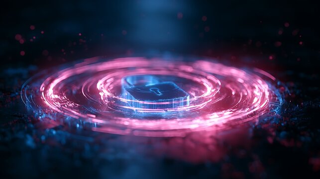 Futuristic digital lock powered by artificial intelligence, glowing holographic security layers, encrypted financial access