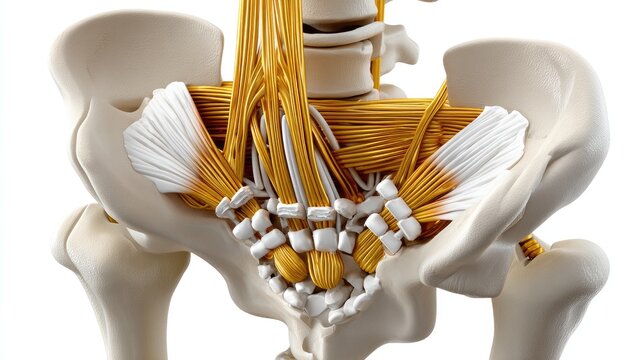 Anatomy of the Human Pelvis: A detailed anatomical illustration showcasing the intricate ligaments, bones, and musculature of the human pelvis, highlighting its complex structure and function.