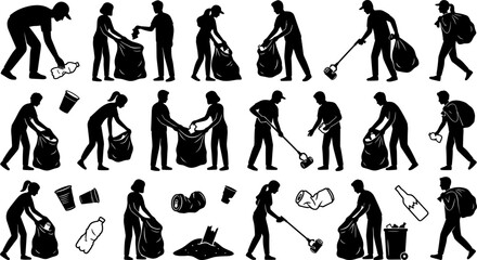 Obraz premium Garbage Cleanup and Environmental Volunteering Icon Set with People Collecting Trash, Waste Bags, Plastic Bottles, and Community Service Silhouettes for Ecology Media Designs