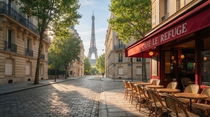 Fototapeta premium Scenic view of Paris street vendors and cafes with the Eiffel Tower at sunrise.