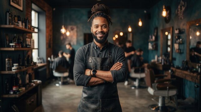 Stylish male hairdresser with dreadlocks smiling in the middle of a barbershop setting.