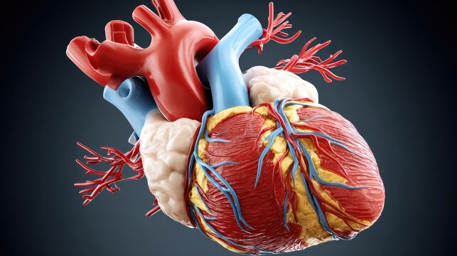 Anatomical Heart: A detailed 3D rendering showcases the intricate structure of a human heart, highlighting its chambers, valves, and major blood vessels in vibrant detail.