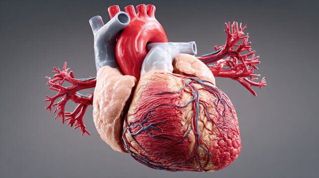 Anatomical Heart Model: A highly detailed anatomical model of the human heart, showcasing its complex structure, including the arteries, veins, and chambers, against a neutral backdrop.