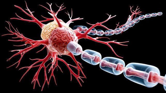 Neuron Structure: A detailed 3D illustration of a human neuron, showcasing its cell body, dendrites, axon, and myelin sheath, against a stark black background.