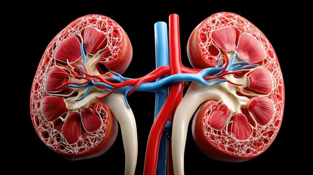 Human Kidney Anatomy: A detailed, cross-section illustration showcasing the intricate internal structure of the human kidney, highlighting the renal cortex, medulla, pelvis.