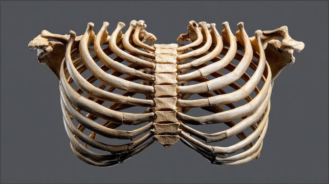 Human Rib Cage Anatomy: A detailed anatomical representation of the human rib cage, showcasing the intricate structure of bones that protect vital organs.