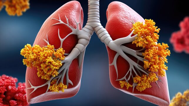 Human Lungs with Cancerous Growth: A striking medical illustration depicting human lungs affected by cancerous tumors, with vibrant orange and red growths obscuring healthy tissue.