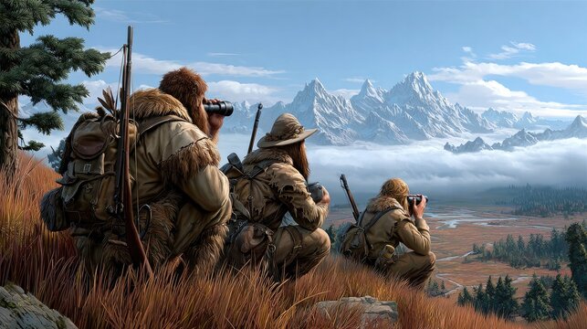 Ancient Hunters Observing a Pristine Landscape: Three intrepid hunters, clad in primitive attire and equipped with bows and arrows.