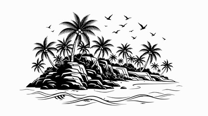 Tropical Island Paradise with Palm Trees and Rocky Shoreline, Black and White Illustration © illustration
