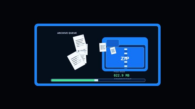 Digital interface showing file compression process into zip archive