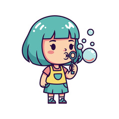 Fototapeta premium Cute cartoon girl with teal hair blowing bubbles.