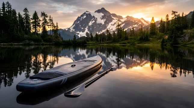 Paddle board on a calm alpine lake during a scenic sunset with mountains