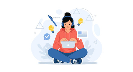 Obraz premium Young Woman with Headphones Working on Laptop, Ideas and Creativity Concept Illustration