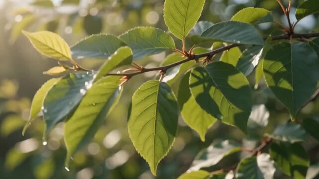 Close Up of Green Leaves with Water Droplets in Warm Sunlight
