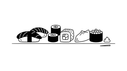 Minimalist Sushi and Dumpling Illustration - Black and White Line Art © illustration
