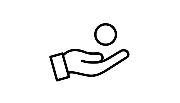 Hand holding circle or blank coin icon, simple outline vector illustration isolated on white background