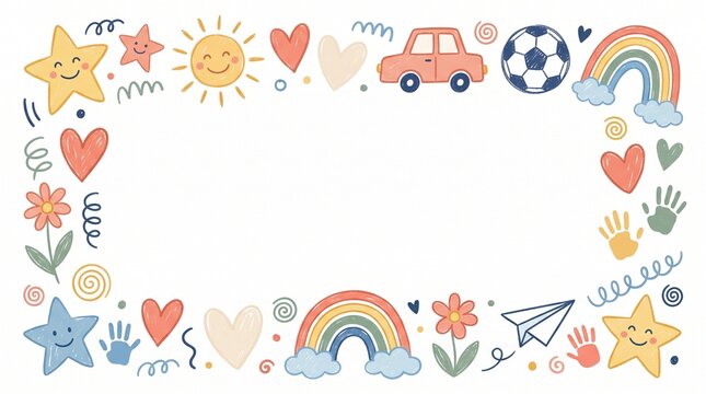 Cute childlike doodle frame with rainbows stars hearts and handprints on white with copy space