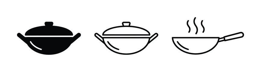 Fototapeta premium Set of black wok pan icons for cooking and kitchenware design