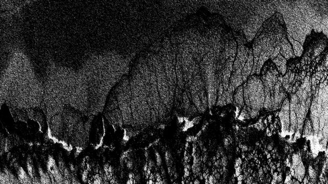 Dark abstract grunge texture featuring high contrast white inverted lines and patterns on a solid black background