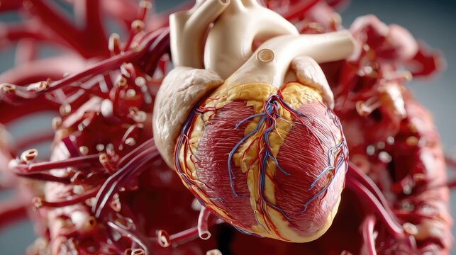 Human Heart Anatomy: A detailed, artistic representation of the human heart, showcasing its intricate network of arteries and veins, highlighting the complexities of cardiovascular health.