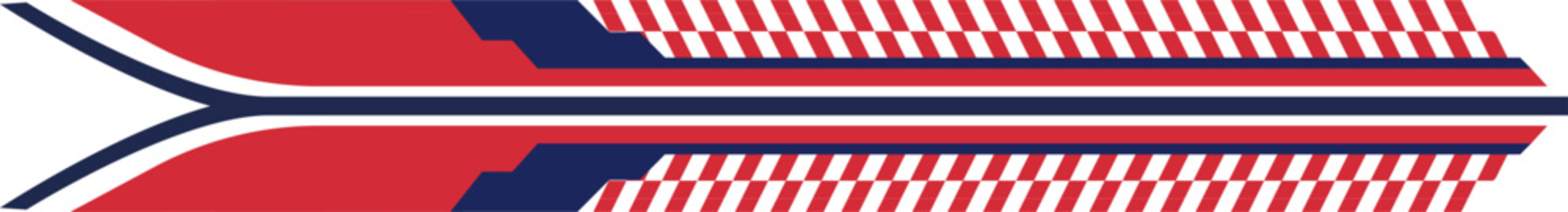 Checkered racing flag pattern stripe, Red and blue arrow graphic, Automotive decal design element, Modern vector racing stripe