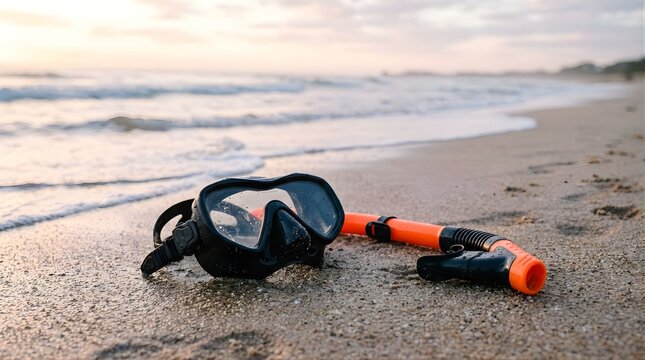 Snorkel Mask and Tube on the Beach Sand at Sunrise for Water Sports