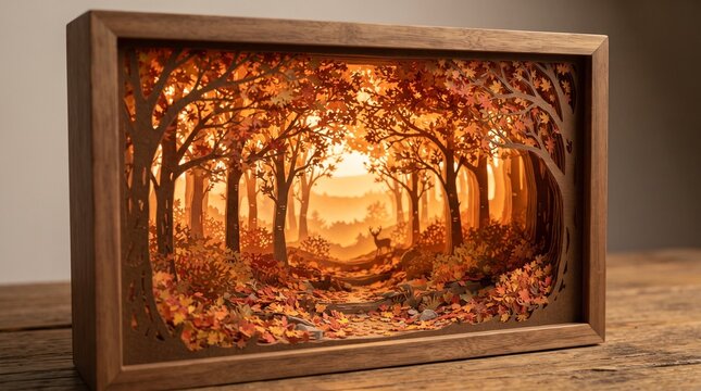 Intricate 3D papercut light box, glowing autumn forest scene with deer, layered paper art in wooden frame, warm orange woodland landscape decor