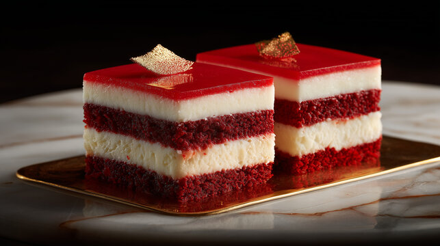 Traditional Indonesian lapis cake in red and white layers, luxury dessert presentation, marble table, soft lighting, premium commercial food photography