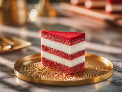 Traditional Indonesian lapis cake in red and white layers, luxury dessert presentation, marble table, soft lighting, premium commercial food photography