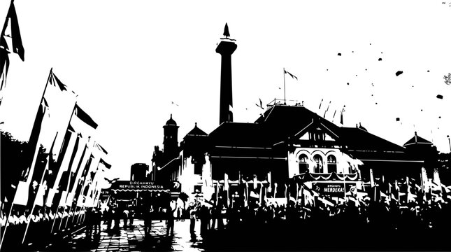 Historical Indonesian National Monument and parade with flags, black and white silhouette