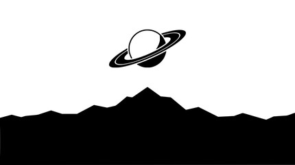 Minimalist black and white mountain landscape with planet Saturn silhouette in sky © illlustration