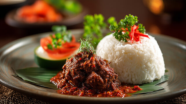 Traditional rendang served with coconut rice and patriotic decoration, elegant restaurant presentation