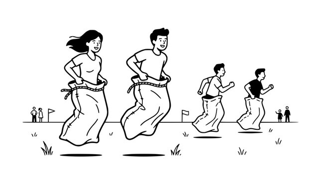 People racing in burlap sacks, outdoor fun and competition, cartoon style