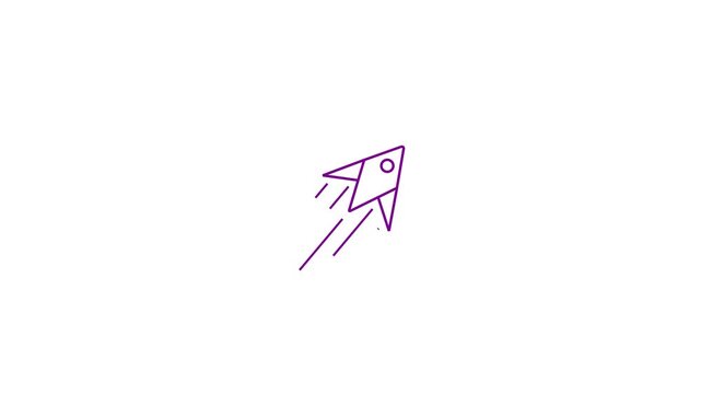A minimalist purple outline of a rocket ship ascending with stylized exhaust trails against a clean white background representing space exploration and innovation with a simple geometric and a