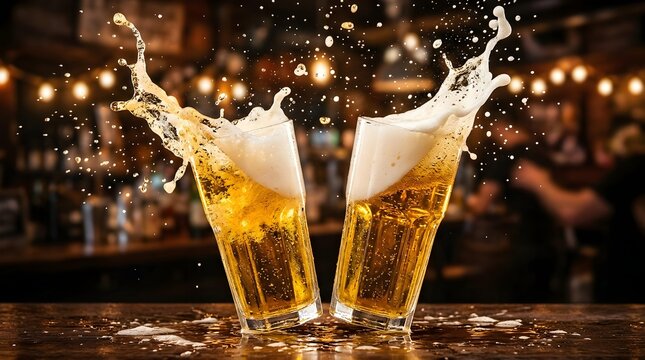 Dynamic splash of golden beer in pint glasses high speed photography capturing liquid motion in a pub setting