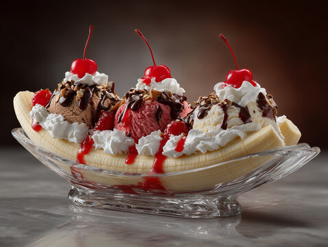 Ultra photorealistic classic banana split dessert served in a long glass dish with sliced bananas, vanilla chocolate and strawberry ice cream, whipped cream, chocolate syrup