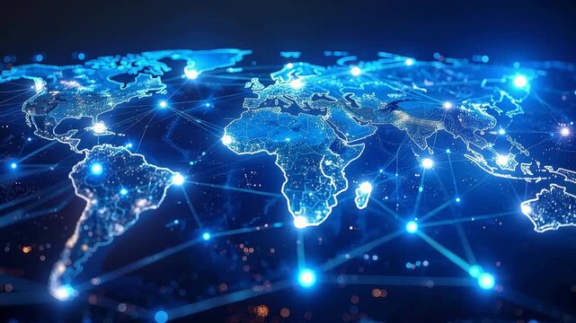 Global Network Connectivity: A luminous digital map of the world showcases interconnected nodes representing a vast global network, symbolizing communication and data flow.