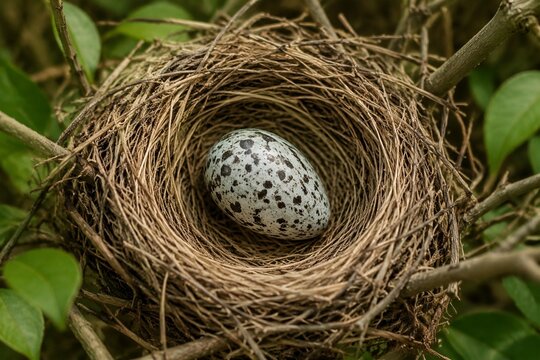 Single cuckoo egg lying in a nest belonging to a smaller bird.