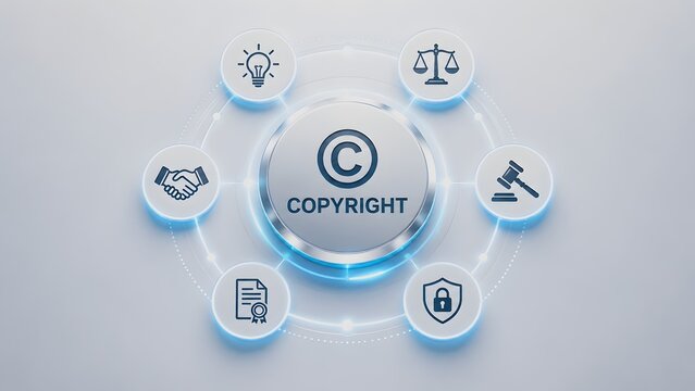Circular digital copyright protection concept with central word Copyright surrounded by intellectual property law, legal agreement and security icons