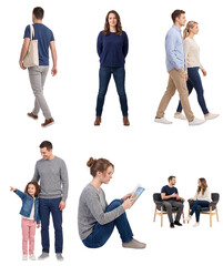 Obraz premium Diverse group of people in casual settings: walking, standing, reading, interacting with a child - showcasing everyday life, human connection, and diverse lifestyles for stock photography use.