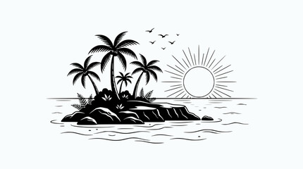 Tropical Island Paradise: Palm Trees, Sun, and Ocean Waves - Black and White Line Art © illustration