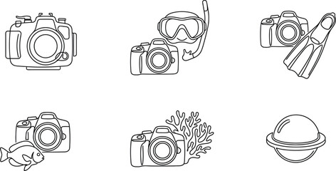 Set of underwater photography and diving equipment outline icons vector illustration for marine adventure and travel concepts isolated on white © Shaiza