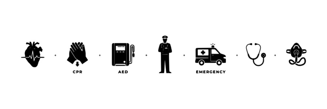 Medical Icons Depicting Cpr, Aed, Emergency, Ambulance, Stethoscope, and First Aid Kit Featuring Healthcare, Symbol, Vector