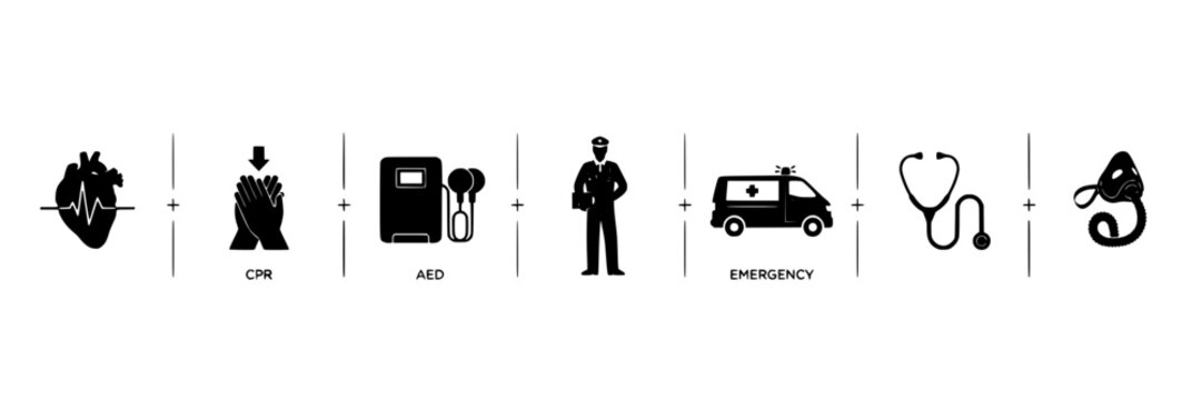 Medical Icons Depicting Heart, Cpr, Aed, Emergency, Ambulance, Stethoscope, and Snake Featuring Healthcare, Icon, Illustration